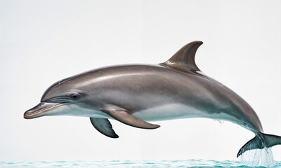 Naklejka premium A playful dolphin leaps gracefully out of the water, showcasing its agility and beauty against the serene ocean backdrop.