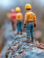 Miniature construction workers on a rocky surface, showcasing industry and teamwork.