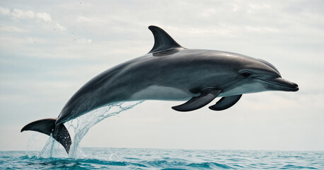 Naklejka premium A playful dolphin leaps gracefully out of the water, showcasing its agility and beauty against the serene ocean backdrop.