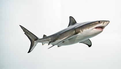 Fototapeta premium A stunning capture of a great white shark showcasing its powerful anatomy, sharp teeth, and sleek body, embodying the apex predator of the ocean ecosystem