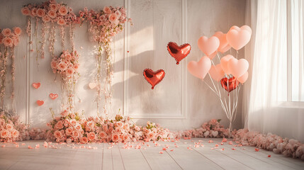 Romantic Valentine's Day bedroom with roses and heart-shaped balloons