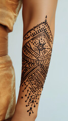 A hand covered with a modern henna tattoo with geometric patterns