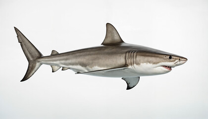 Fototapeta premium A stunning capture of a great white shark showcasing its powerful anatomy, sharp teeth, and sleek body, embodying the apex predator of the ocean ecosystem