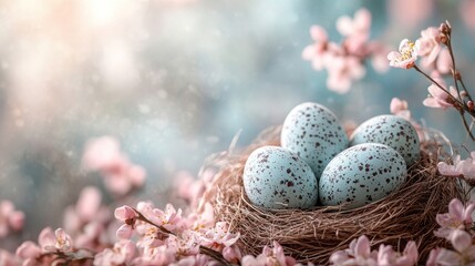 Obraz premium Delicate spring scene of speckled Easter eggs nestled in a bird's nest surrounded by pink blossoms