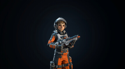 Obraz premium A young and ambitious captain in a streamlined flight suit with integrated thrusters, gripping a compact energy rifle. Videogame 3D model, A-pose, simple background