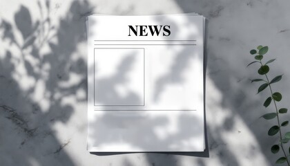Blank Newspaper Mockup with Shadow and Green Plant for Content Creation and Presentation