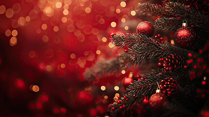 Elegant Christmas Tree Branch with Red Ornaments and Bokeh Lights