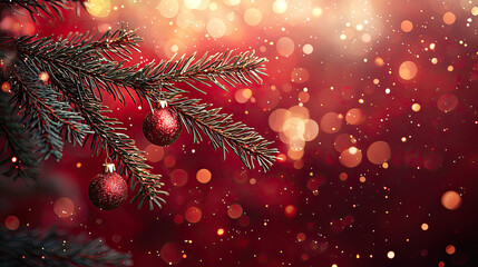 Festive Christmas Tree Branch with Red Ornaments and Bokeh Lights