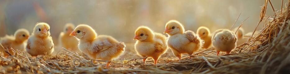 A group of fluffy chicks are scattered across a bed of straw on a farm. It is early morning, and the warm sunlight creates a gentle glow, highlighting their adorable features