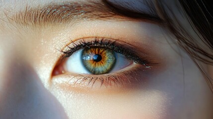 Obraz premium Close-up of a human eye showcasing vibrant colors and intricate details, emphasizing natural beauty