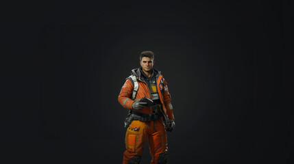 Naklejka premium A pilot with a weathered bomber jacket over a high-tech flight suit, holding a handheld scanner. Videogame 3D model, A-pose, simple background