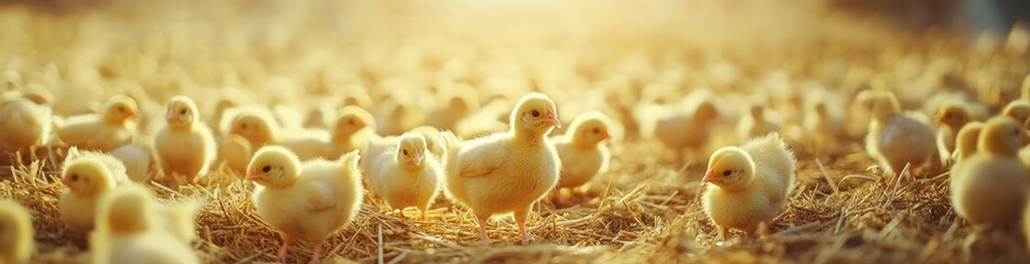A group of fluffy chicks are scattered across a bed of straw on a farm. It is early morning, and the warm sunlight creates a gentle glow, highlighting their adorable features
