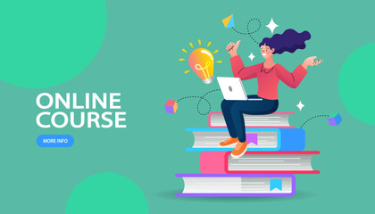 student sitting on stack books, light bulb for future success winner. Online course education lectures. E-learning. Distance learning, recorded classes.remote university graduation. Vector