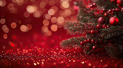 Obraz premium Vibrant Christmas Celebration with Red Bokeh Background and Decorations