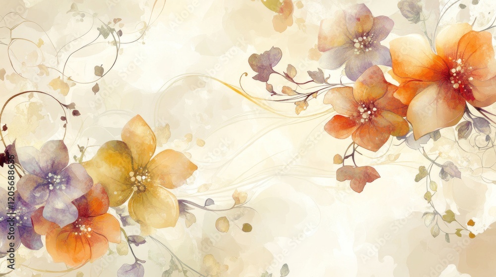 Poster soft seamless pattern of abstract flowers and vines with warm watercolor tones, creating a delicate 