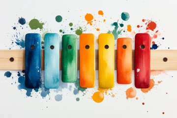 A whimsical watercolor depiction of a xylophone surrounded by playful splashes of color, evoking a sense of joy and music