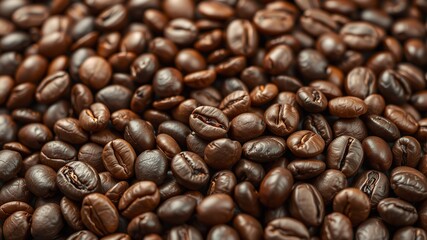Fototapeta premium Roasted Coffee Beans Closeup - Freshly Roasted, High-Quality, Vibrant Colors, Detailed Texture, Professional Photography