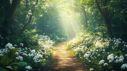 Fototapeta premium A sunlit path through a lush green forest with white flowers, symbolizing serenity and beauty. Perfect for nature and environmental themes.