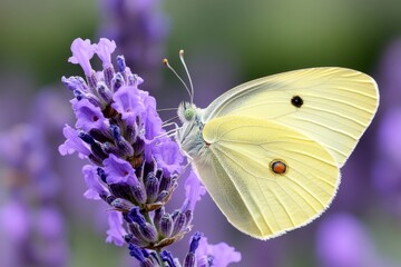 Naklejka premium A xanthous butterfly resting on a purple lavender flower, with intricate details of its wings visible