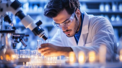 Male scientist focusing intently on laboratory experiments with beakers and a microscope.