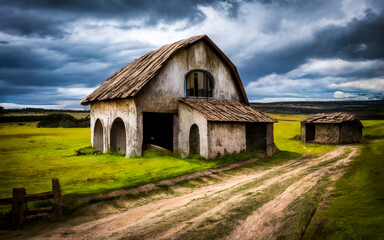 Obraz premium Serene countryside landscape with a dirt path leading to a rustic house at sunset