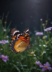 Obraz premium A butterfly alights on a wet petal of a wildflower in the dark meadow at night, still life, shadows, water droplets