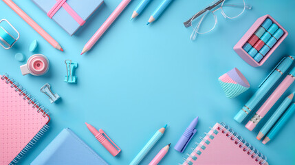 Brightly Colored School Stationery and Supplies Arranged on a Vibrant Blue Background. Generative AI