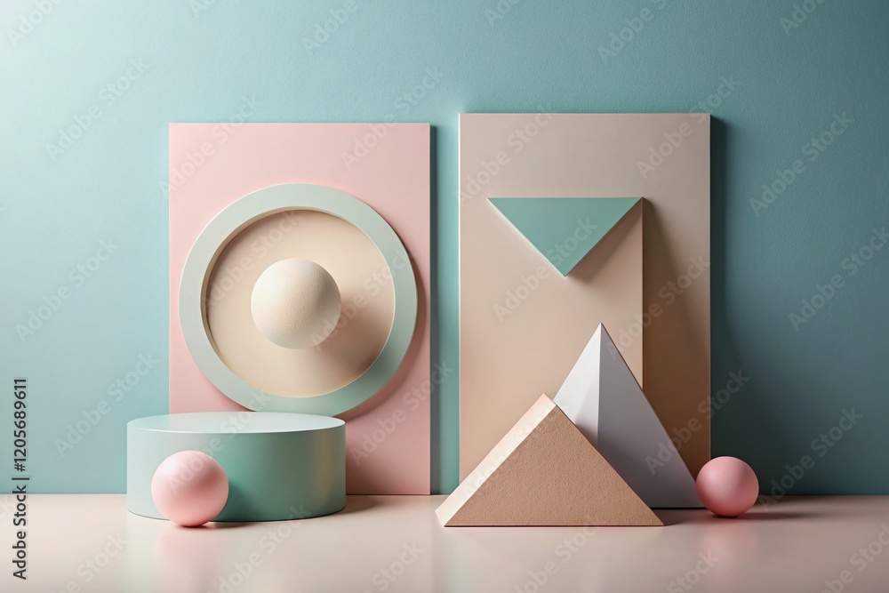 Poster abstract geometric shapes: five primitives in left composition with copy space