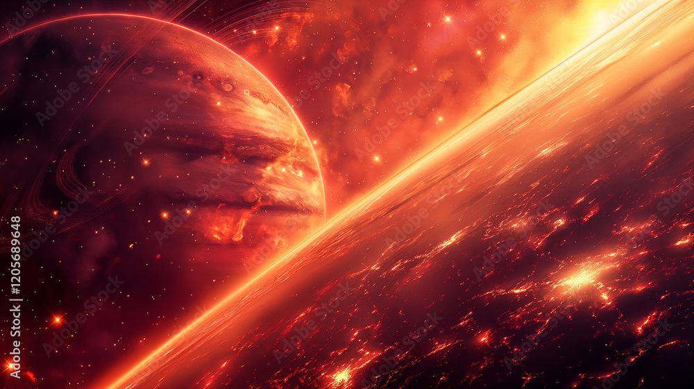 Canvas Prints cosmic landscape with rings around a planet and a glowing sun backdrop. generative ai
