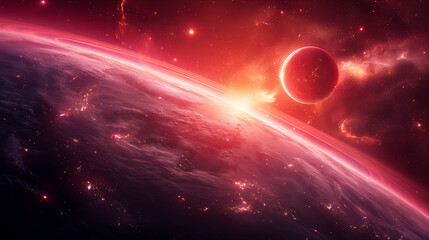 Obraz premium Cosmic landscape with rings around a planet and a glowing sun backdrop. Generative AI