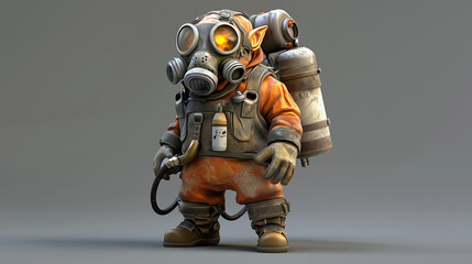 A pyromaniac goblin wearing a gas mask, with a tank of volatile chemicals strapped to their back and a hose sprayer in hand. Videogame 3D model, A-pose, simple background