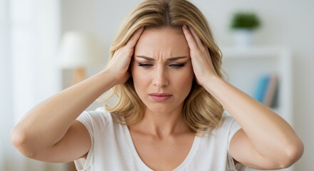 The image shows a woman suffering from a headache, appearing in discomfort.

