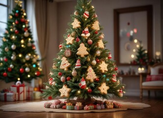 A Christmas tree decorated with cookie-themed ornaments and lights, holiday decor, cozy home, seasonal charm