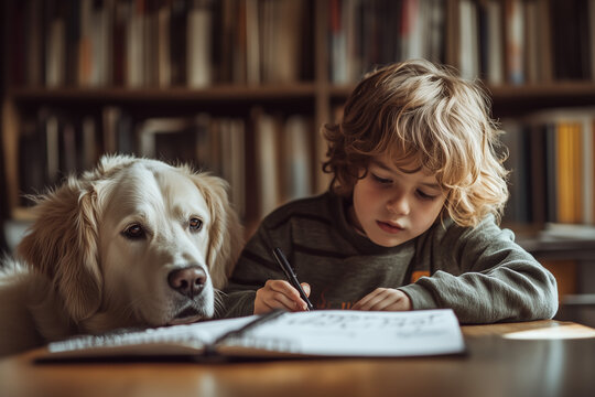 kid study with dog