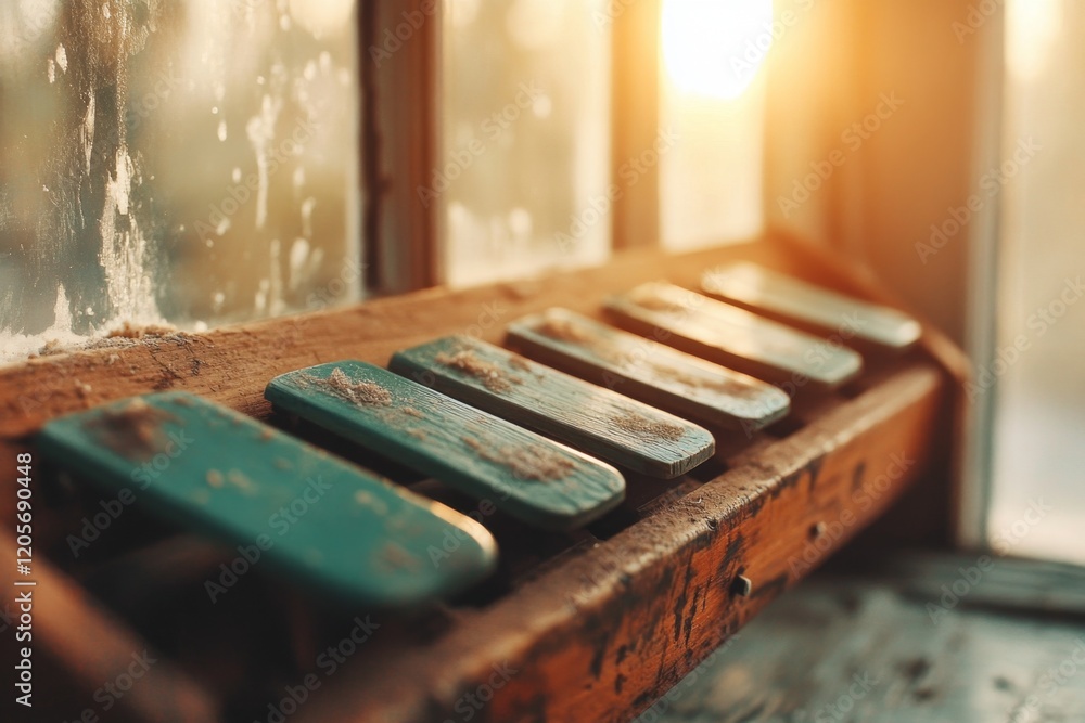 Aufkleber an old xylophone stored in an attic, covered with a thin layer of dust and lit by soft sunlight stre