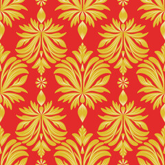 Damask seamless pattern with flowers, Red and gold, vector illustration elegant for textile design, wall paper, curtain, cushion, upholstery fabric, interior, decoration, vintage, luxury