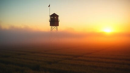 Obraz premium Sunrise Foggy Rural Hunting Tower Landscape AI Art, Misty Field Silhouette, Stunning Sunrise