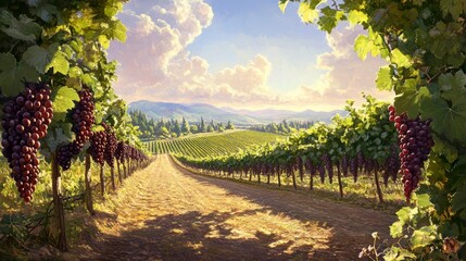 Fototapeta premium Vineyard rows under golden skies napa valley landscape photography tranquil setting wide angle nature's bounty