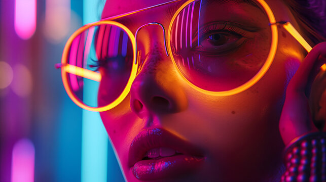 A vibrant close-up of a futuristic figure with neon face art and glasses. Generative AI