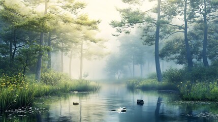 Fototapeta premium A Tranquil Stream Through a Misty Pine Forest