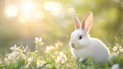 Obraz premium A white rabbit sits amidst wildflowers bathed in golden light of morning sun