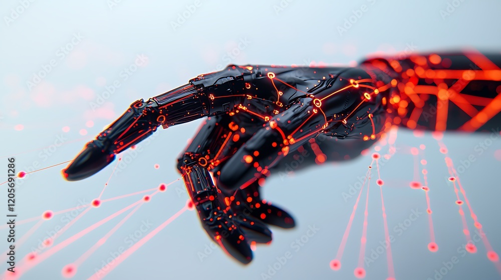 Poster a futuristic robotic hand with glowing circuits extends forward, symbolizing advanced technology and