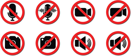 Set of red prohibition signs with black icons indicating no audio, no microphone, no camera, no video.