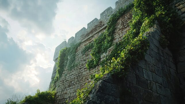 Overgrown ancient stone castle wall under a cloudy sky.