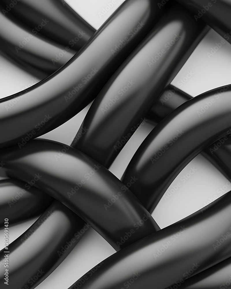 Poster a close-up of intertwined black shapes, creating a sleek, modern, and abstract pattern with a glossy