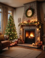 A cozy living room with a crackling fireplace and decorated Christmas tree, warm lighting, Christmas tree, holiday atmosphere