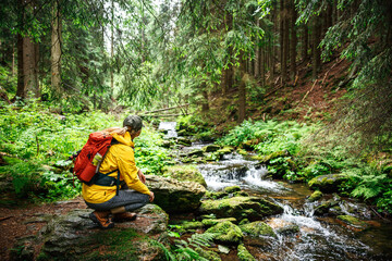 Woman hiker relax at stream in woodland. Forest therapy while hiking in nature. Outdoors activity...