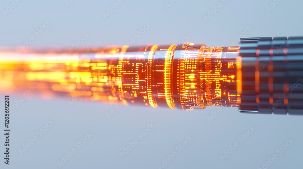 Poster a close-up of a glowing, futuristic device with intricate circuitry and vibrant orange light, set ag