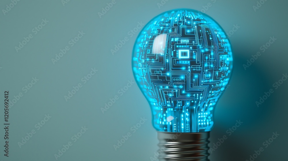 Poster a luminous light bulb embedded with intricate blue circuitry, symbolizing the fusion of technology a