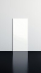 A minimalist white door stands against a light gray wall, reflecting light on a dark floor, creating a modern and clean aesthetic.